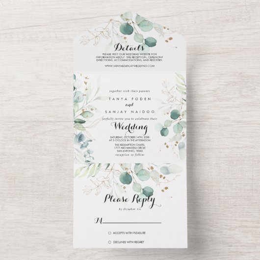 Rustige Eucalyptus Gold Floral Wedding All In One Uitnodiging (Binnen)