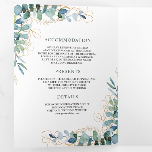 Rustige Eucalyptus Gold in één QR-code bruiloft Drieluik Uitnodiging (Binnenzijde eerst)