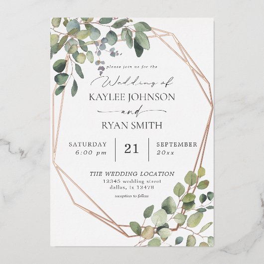 Rustige eucalyptus & Gold Lijst Wedding Real Folie Uitnodiging (Voorkant)