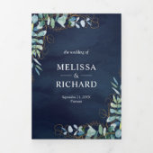 Rustige Eucalyptus Gold Navy Blue QR Code Weddensc Drieluik Uitnodiging (Cover)