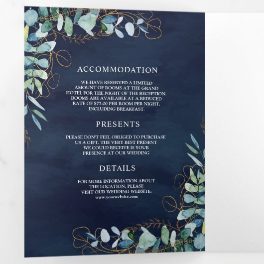 Rustige Eucalyptus Gold Navy Blue QR Code Weddensc Drieluik Uitnodiging (Binnenzijde eerst)