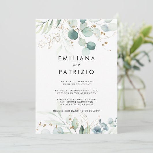 Rustige Eucalyptus Gold Rug & Front Wedding Kaart (Staand voorkant)