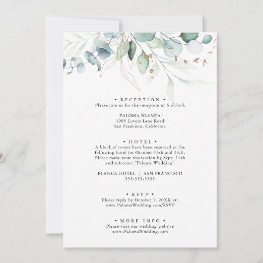 Rustige Eucalyptus Gold Rug & Front Wedding Kaart (Achterkant)