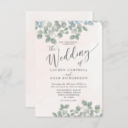 Rustige Eucalyptus Green & Coral Waterverf Wedding Kaart (Voorkant / Achterkant)