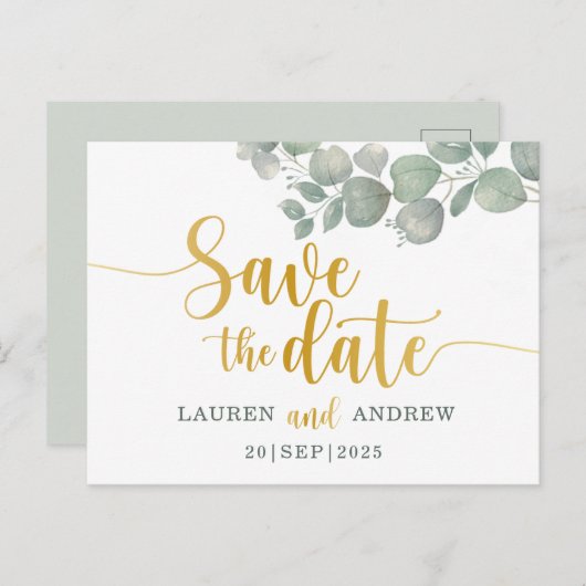 Rustige Eucalyptus Green/Gold Wedding Save the Dat Briefkaart (Voorkant / Achterkant)