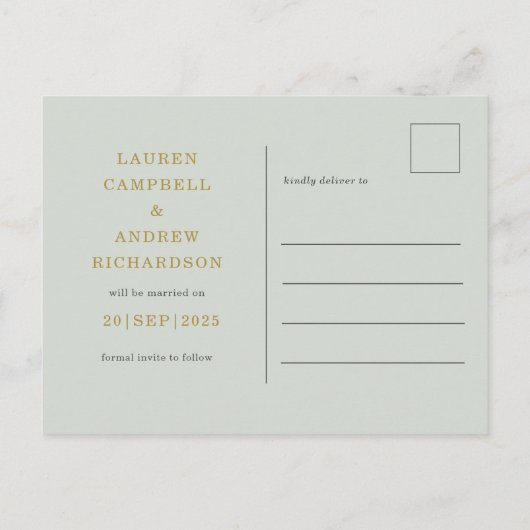 Rustige Eucalyptus Green/Gold Wedding Save the Dat Briefkaart (Achterkant)