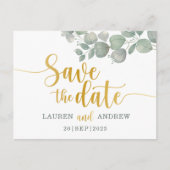 Rustige Eucalyptus Green/Gold Wedding Save the Dat Briefkaart (Voorkant)