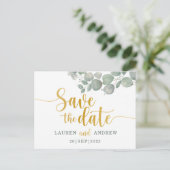Rustige Eucalyptus Green/Gold Wedding Save the Dat Briefkaart (Staand voorkant)