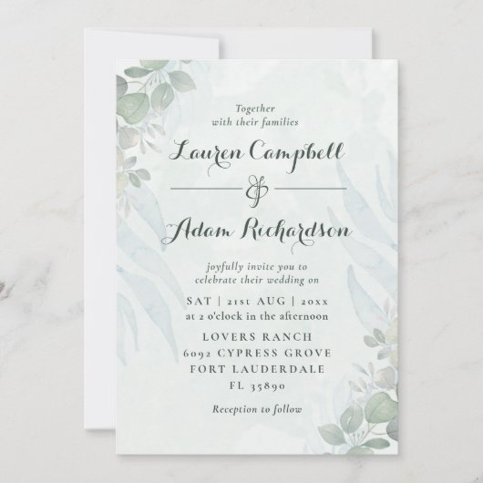 Rustige Eucalyptus Green Waterverf Wedding Kaart (Voorkant)