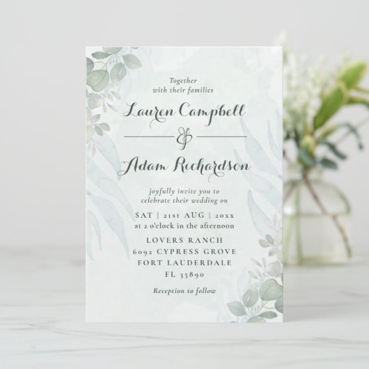 Rustige Eucalyptus Green Waterverf Wedding Kaart (Staand voorkant)