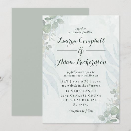 Rustige Eucalyptus Green Waterverf Wedding Kaart (Voorkant / Achterkant)