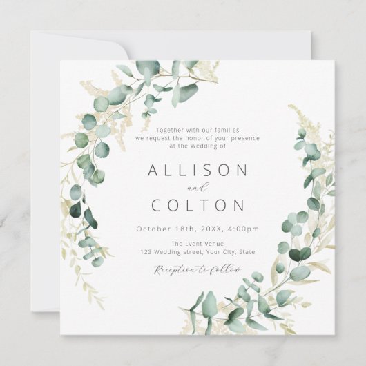 rustige eucalyptus greenery boho bruiloft kaart (Voorkant)