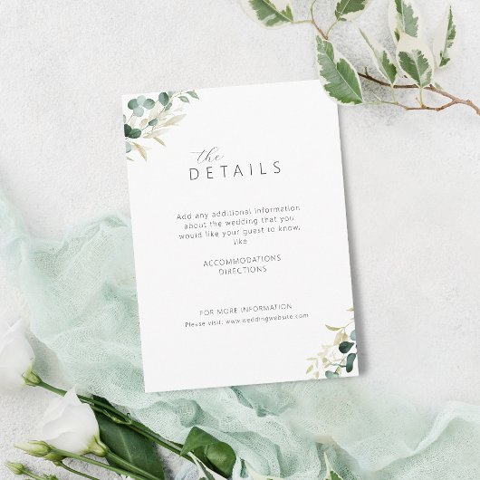 Rustige eucalyptus greenery boho trouwdetails informatiekaartje