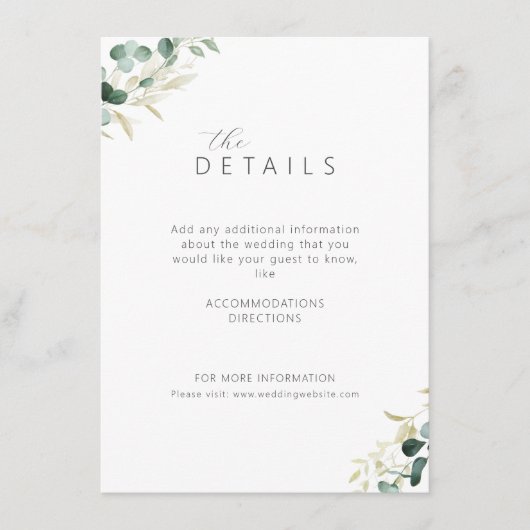 Rustige eucalyptus greenery boho trouwdetails informatiekaartje (Voorkant)
