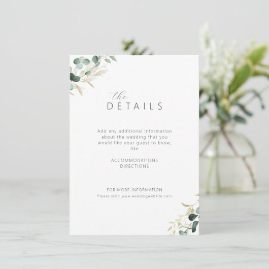 Rustige eucalyptus greenery boho trouwdetails informatiekaartje (Staand voorkant)