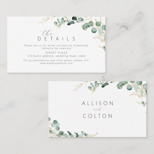 Rustige eucalyptus greenery boho Wedding Details Plaatskaartje (Voorkant / Achterkant)