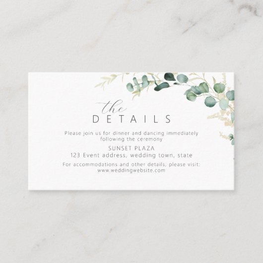 Rustige eucalyptus greenery boho Wedding Details Plaatskaartje (Voorkant)