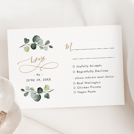 Rustige Eucalyptus Greenery Gold Meal-opties RSVP Kaartje