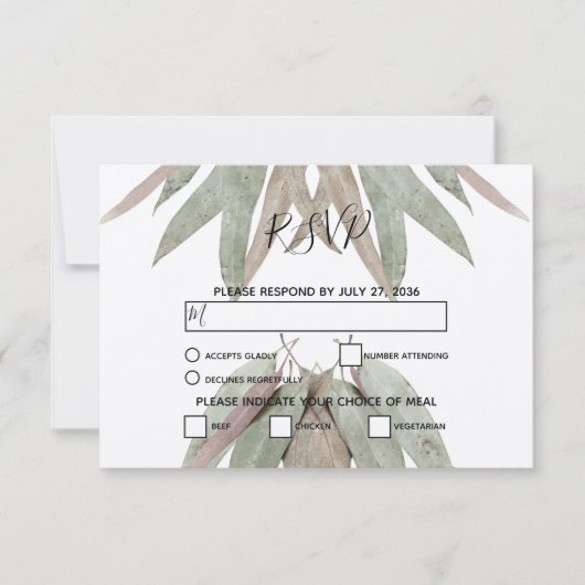 Rustige Eucalyptus Leaf Wedding RSVP-kaarten RSVP Kaartje (Voorkant)