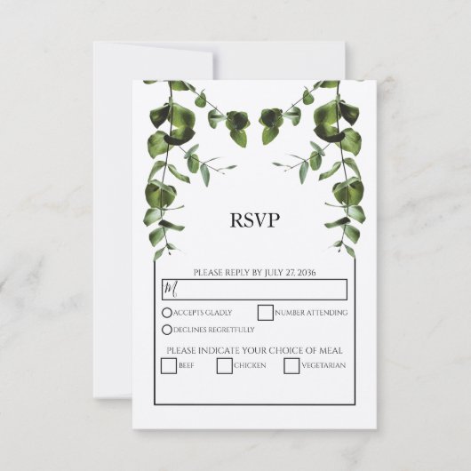 Rustige Eucalyptus Leaves Wedding RSVP Kaarten Kaartje (Voorkant)