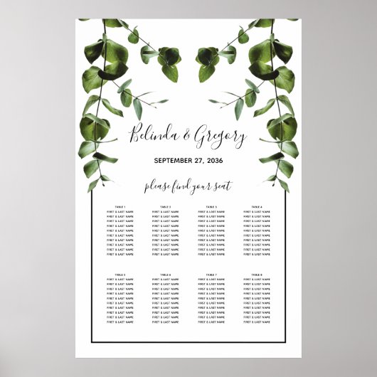 Rustige eucalyptus Leaves Wedding Seding Chart Poster (Voorkant)
