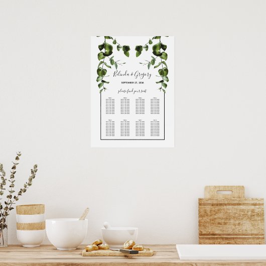 Rustige eucalyptus Leaves Wedding Seding Chart Poster (Keuken)