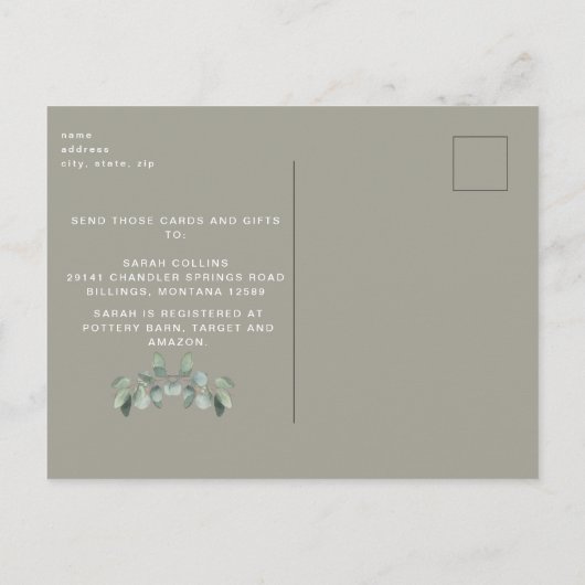 Rustige Eucalyptus & Lichten Vrijgezellenfeest per Uitnodiging Briefkaart (Achterkant)