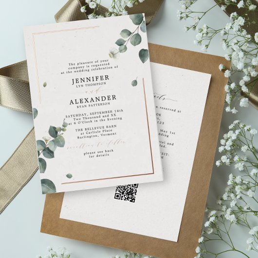 Rustige Eucalyptus & RSVP QR Code Weddenschap Roos Folie Uitnodiging