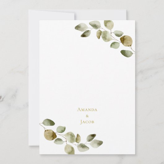 Rustige eucalyptusfedbruiloft kaart (Achterkant)