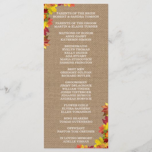 Rustige Fall Leaves Burlap Wedding Program Custom Programmakaart (Achterkant)