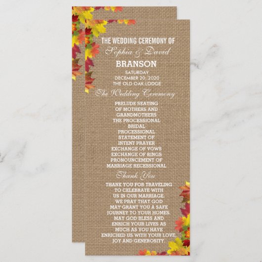 Rustige Fall Leaves Burlap Wedding Program Custom Programmakaart (Voorkant / Achterkant)