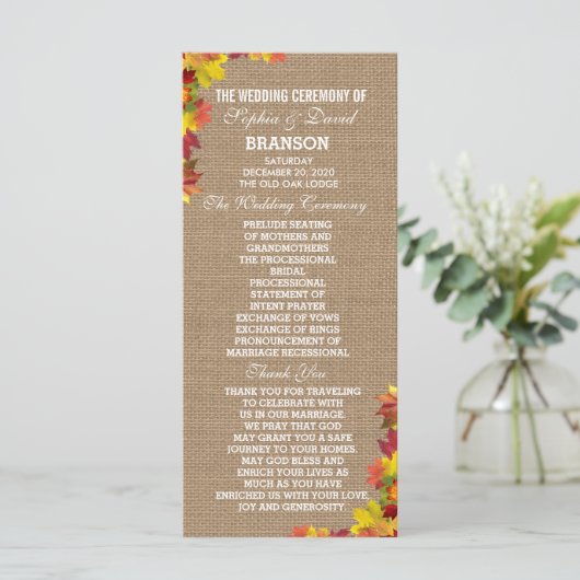 Rustige Fall Leaves Burlap Wedding Program Custom Programmakaart (Staand voorkant)