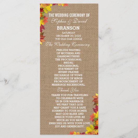 Rustige Fall Leaves Burlap Wedding Program Custom Programmakaart (Voorkant)