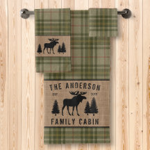 Rustige Familie Cabin Moose Pine Green Play Burlap