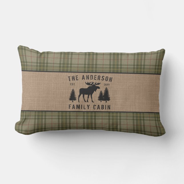 Rustige Familie Cabin Moose Pine Green Play Burlap Buitenkussen (Voorkant)