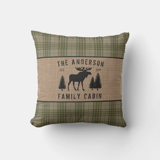 Rustige Familie Cabin Moose Pine Green Play Burlap Buitenkussen (Voorkant)