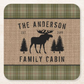 Rustige Familie Cabin Moose Pine Green Play Burlap Kartonnen Onderzetters (Voorkant)