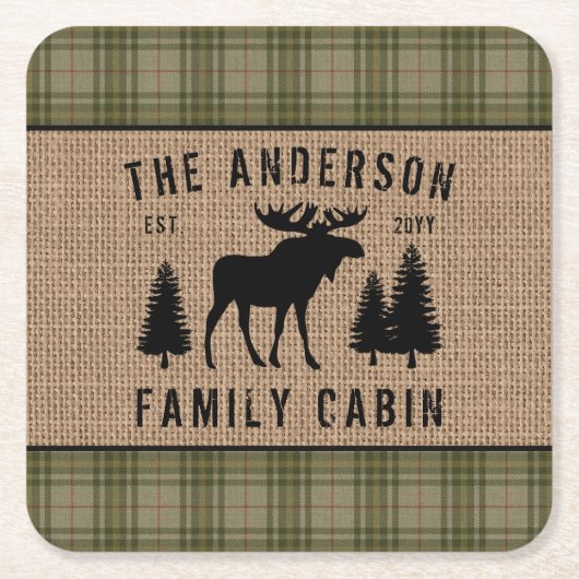 Rustige Familie Cabin Moose Pine Green Play Burlap Kartonnen Onderzetters (Voorkant)