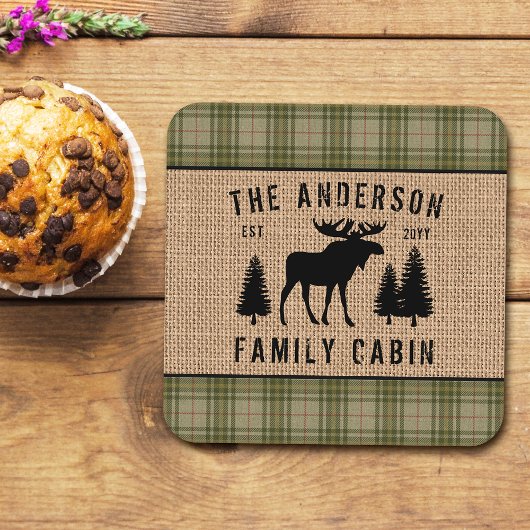 Rustige Familie Cabin Moose Pine Green Play Burlap Kartonnen Onderzetters