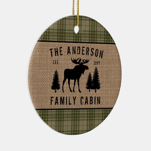 Rustige Familie Cabin Moose Pine Green Play Burlap Keramisch Ornament (Rechts)