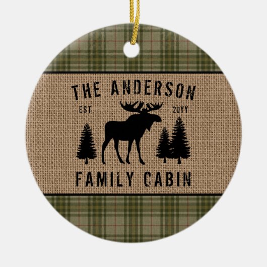 Rustige Familie Cabin Moose Pine Green Play Burlap Keramisch Ornament (Voorkant)
