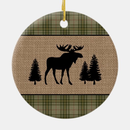 Rustige Familie Cabin Moose Pine Green Play Burlap Keramisch Ornament (Achterkant)