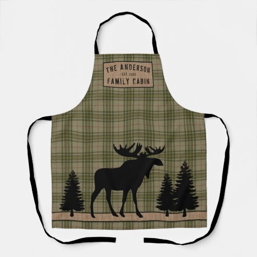 Rustige Familie Cabin Moose Pine Green Play Burlap Schort (Voorkant)