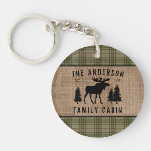 Rustige Familie Cabin Moose Pine Green Play Burlap Sleutelhanger