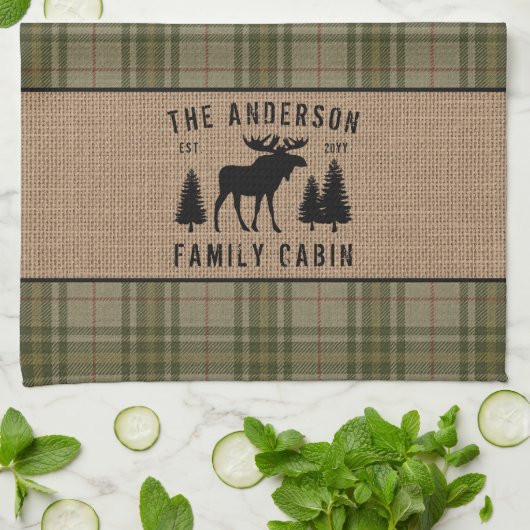 Rustige Familie Cabin Moose Pine Green Play Burlap Theedoek (Gevouwen)