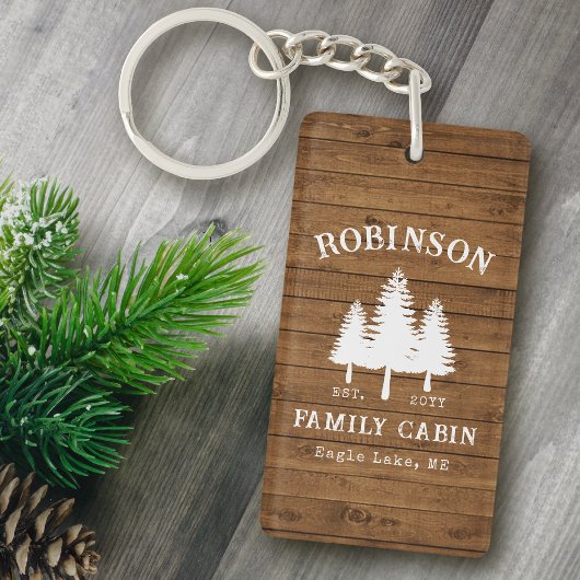 Rustige familie Cabin Pine Trees Hood Plank 2 Side Sleutelhanger