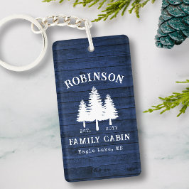 Rustige familie Cabin Trees Blue Wood Plank 2 Side Sleutelhanger
