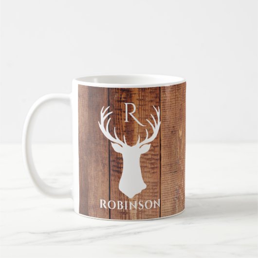 Rustige Familie Monogram Houtenstijl Deer Antler Koffiemok (Links)