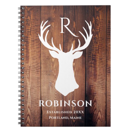 Rustige Familie Monogram Naam Hout Deer Antler Notitieboek (Voorkant)