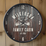 Rustige familienaam Cabin Cottage Lodge Retro<br><div class="desc">Robuuste moderne muurklok met een trendy bosgebergte met denbomen,  bossen en vogels omgeven door uw eigen familienaam op de gedrukte donkere houten achtergrond,  een persoonlijke naam van uw huishouden,  hut,  meerhuis of andere,  en het jaar dat is vastgesteld.</div>